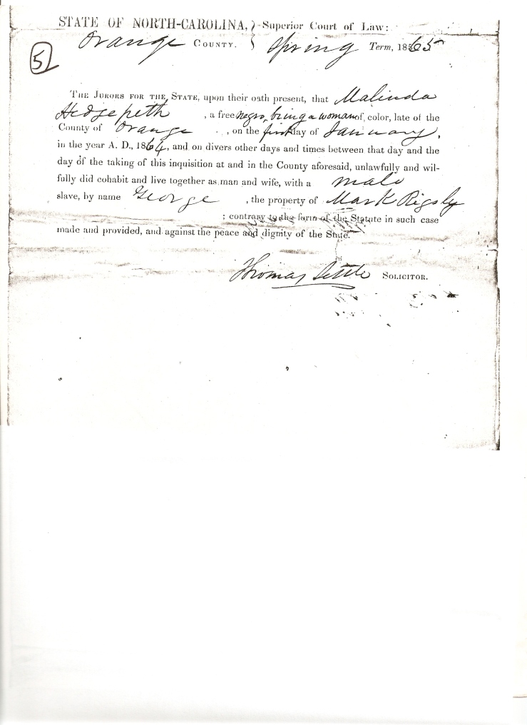 In the following court document from antebellum North Carolina, a free woman of color is charged with illegally trying to marry a slave. 