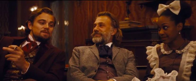 Leonardo DiCaprio, Christoph Waltz, and Daniele Watts, scene from Django Unchained